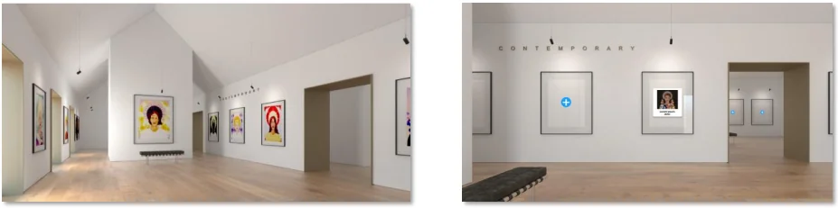 Two views of a 3D online gallery with artworks on the walls