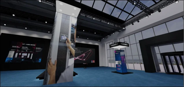 A 3D showroom space with product displays and a large screen